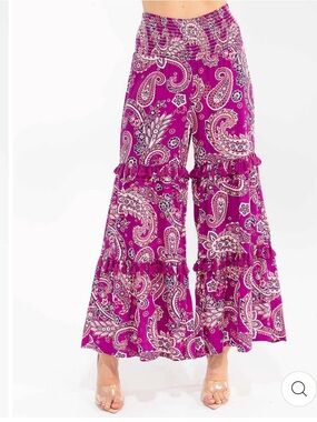 Boho NWT Palazzo Magenta Paisley Tiered Wide-Leg Ruffle Pants size S-M-L